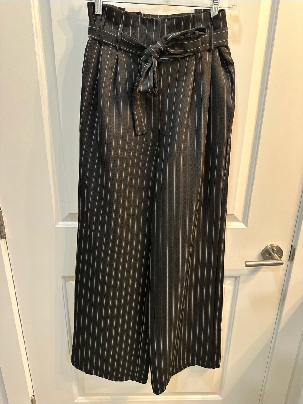 High-Rise Black Pinstripe Wide-Leg Trousers with Self-Tie Belt